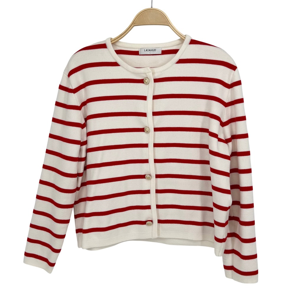 LATAHUO Cardigan Sweater Womens Large Red White Excellent Striped Gold Button